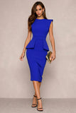 Navy Bodycon Round Neck Midi Work Dress with Slit