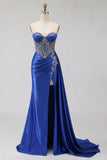 Sweetheart Mermaid Mint Green Beaded Satin Prom Dress With Slit