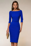 Bodycon Navy Bateau Neck Short Work Dress With 3/4 Sleeves
