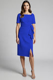 Ruffled Champagne Sheath Midi Dress with Slit