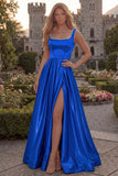 Blush A Line Square Neck Satin Prom Dress with Pearls