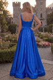 Blush A Line Square Neck Satin Prom Dress with Pearls