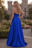 Strapless A Line Satin Fuchsia Maxi Prom Dress