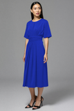 Navy A Line Round Neck Midi Work Dress