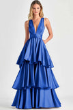 Tiered V Neck Fuchsia A Line Formal Dress