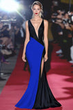 Mermaid Black&White Deep V Neck Long Gala Dress