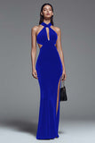 Dark Green Halter Mermaid Cut Out Velvet Formal Dress With Slit