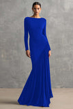 Black Pleated Mermaid Bateau Neck Formal Dress with Long Sleeves