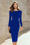 Pencil Velvet Long Sleeve Dark Green Work Dress