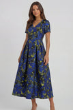 Blue White Floral A Line V Neck Midi Wedding Guest Dress