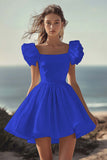 White Puff Sleeve A Line Satin Graduation Dress
