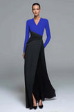 Black and White V-Neck Formal Dress with Long Sleeves