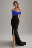 Elegant Off the Shoulder Black White Formal Dress with Slit