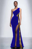 One Shoulder Velvet Sequin Mermaid Black Tie Dress With Slit
