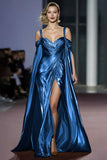 Metallic Golden Mermaid Cold Shoulder Ruched Gala Dress With Slit
