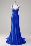 Sparkly Dark Green Mermaid Halter Corset Sequin Prom Dress