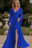 Dark Grey Wrap Long Sleeve Ruffled Chiffon Long Mother of the Bride Dress