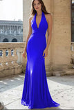 Navy Mermaid Halter Long Satin Prom Dress