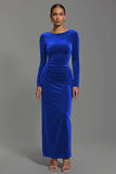 Sheath Ruched Long Sleeve Navy Formal Dress