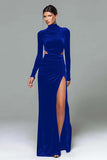 Black Velvet Cut Out High Neck Long Sleeve Formal Dress with Slit