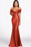 Red Mermaid Off The Shoulder Satin Formal Dress