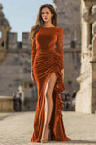 Velvet Mermaid Caramel Lace Long Sleeve Formal Dress With Slit
