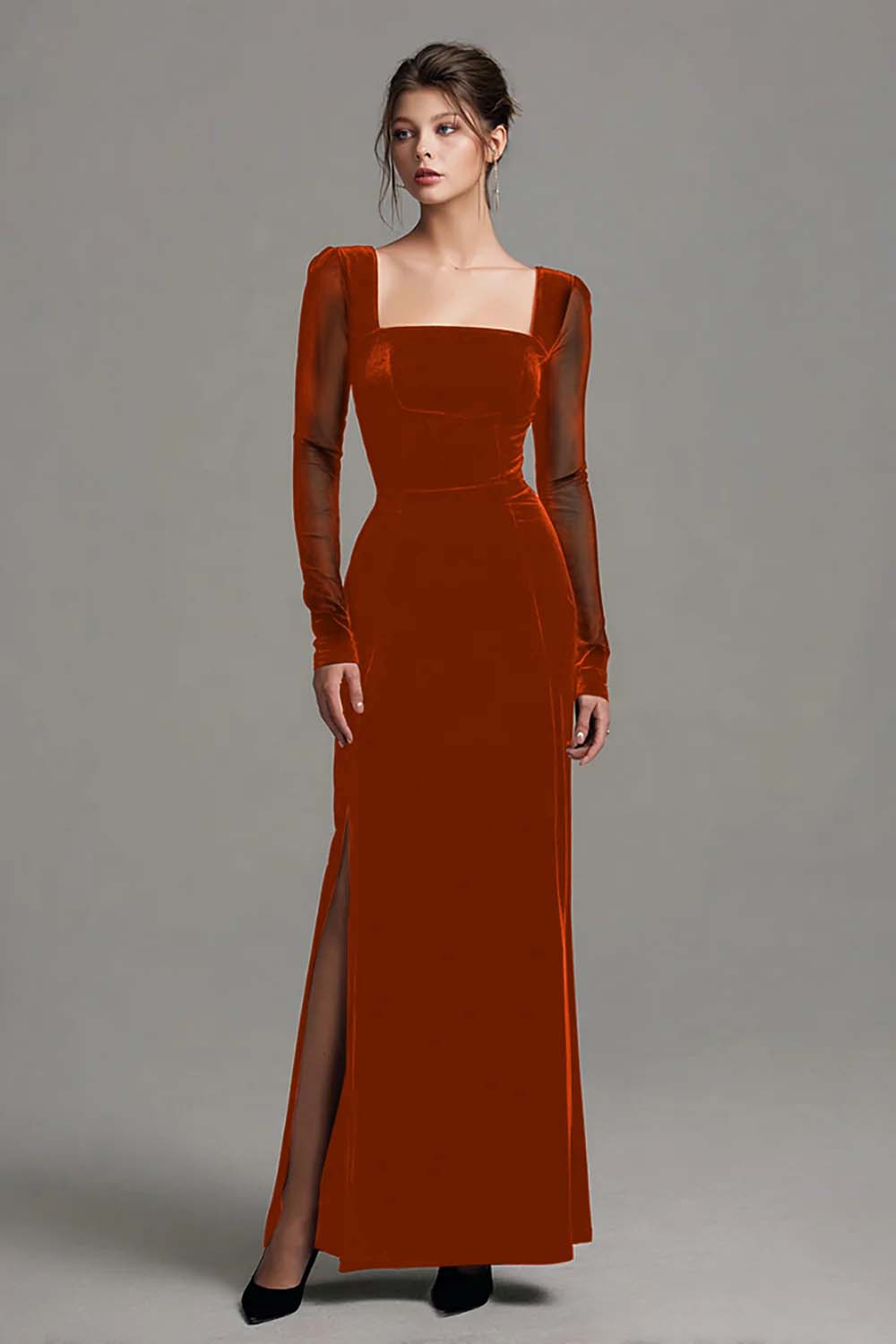 Berylove Women Black Formal Dress With Slit Square Neck Sheath Long Sleeve Evening Dress Berylove Women Black Formal Dress With Slit Square Neck Sheath Long Sleeve Evening Dress