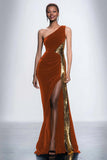 One Shoulder Velvet Sequin Mermaid Black Tie Dress With Slit