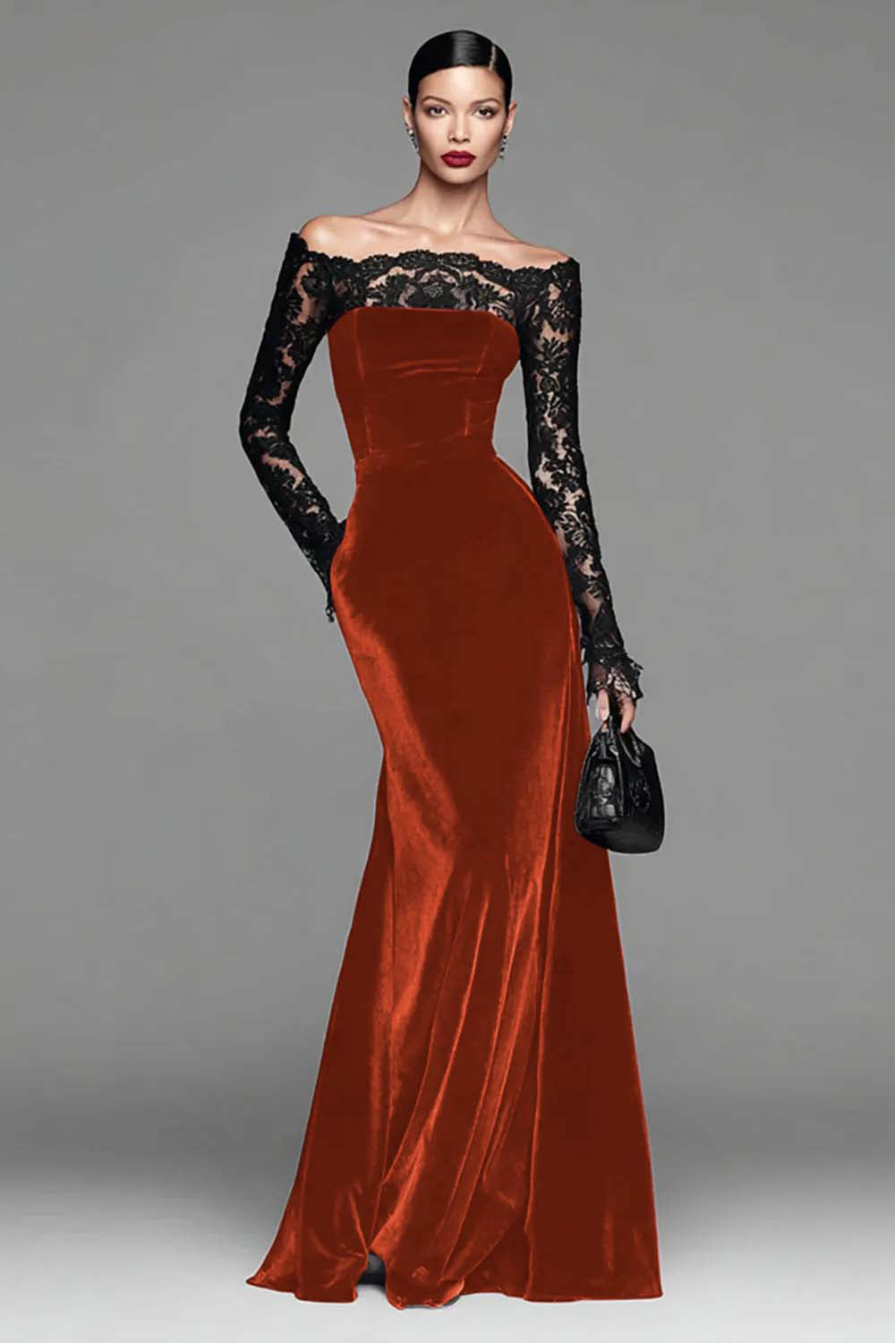 Berylove Women Burgundy Velvet Formal Dress Off The Shoulder Mermaid Evening Dress with Lace Long Sleeves, Rust Orange / US10 Berylove Women Burgundy Velvet Formal Dress Off The Shoulder Mermaid Evening Dress with Lace Long Sleeves, Rust Orange / US10