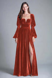 Burgundy A-Line Long Sleeve Velvet Holiday Party Dress With Slit