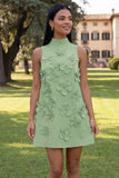 Floral Blue High Neck A-Line Homecoming Dress
