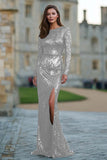 Dark Green Sequin Mermaid Long Sleeve Formal Dress With Slit