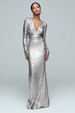 Gold Sheath Long Sleeve Maxi Evening Dress With Sequins