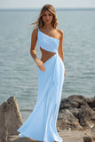 One Shoulder Cut Out Chiffon White Engagement Dress