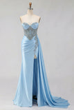 Sweetheart Mermaid Mint Green Beaded Satin Prom Dress With Slit