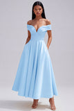 Off the Shoulder Ruched Satin Yellow A Line Maxi Dress