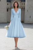 Ivory V-Neck A-Line Satin Engagement Dress With 3/4 Sleeves