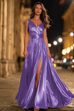 Gold A-Line V-Neck Pleated Formal Dress With Slit
