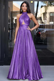 Gold Halter Neck A-Line Metallic Cut-Out Pleated Long Prom Dress