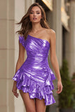 One Shoulder Ruched Metallic Gold Homecoming Dress With Ruffles
