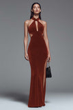 Dark Green Halter Mermaid Cut Out Velvet Formal Dress With Slit