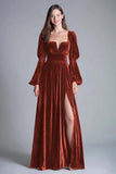 Burgundy A-Line Long Sleeve Velvet Holiday Party Dress With Slit