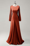 Eucalyptus Satin Round Neck Modest Bridesmaid Dress with Long Sleeves