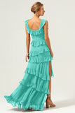 Dark Navy A Line Tiered Chiffon Maxi Bridesmaid Dress