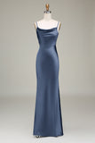 Dusty Blue Sheath Cowl Neck Satin Maxi Dress with Slit