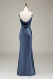 Dusty Blue Sheath Cowl Neck Satin Maxi Dress with Slit