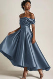 Off the Shoulder A Line Tea Length Satin Olive Mother of the Bride Dress