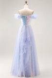 Light Blue Off The Shoulder Ruffled A-Line Prom Dress With Sequins