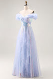 Light Blue Off The Shoulder Ruffled A-Line Prom Dress With Sequins