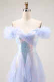 Light Blue Off The Shoulder Ruffled A-Line Prom Dress With Sequins